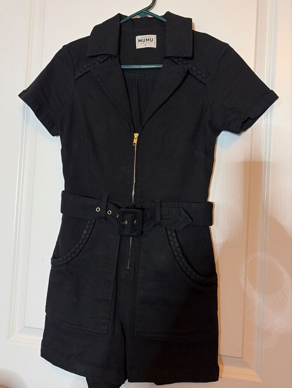 Show Me Your Mumu Outlaw Pitch Black Denim Short Sleeve Romper Belted Sz S